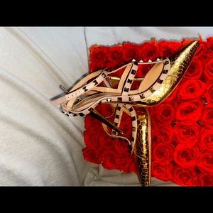 Gold/Nude Rockstud Studded Snakeskin Ankle Strap Heels Sandals